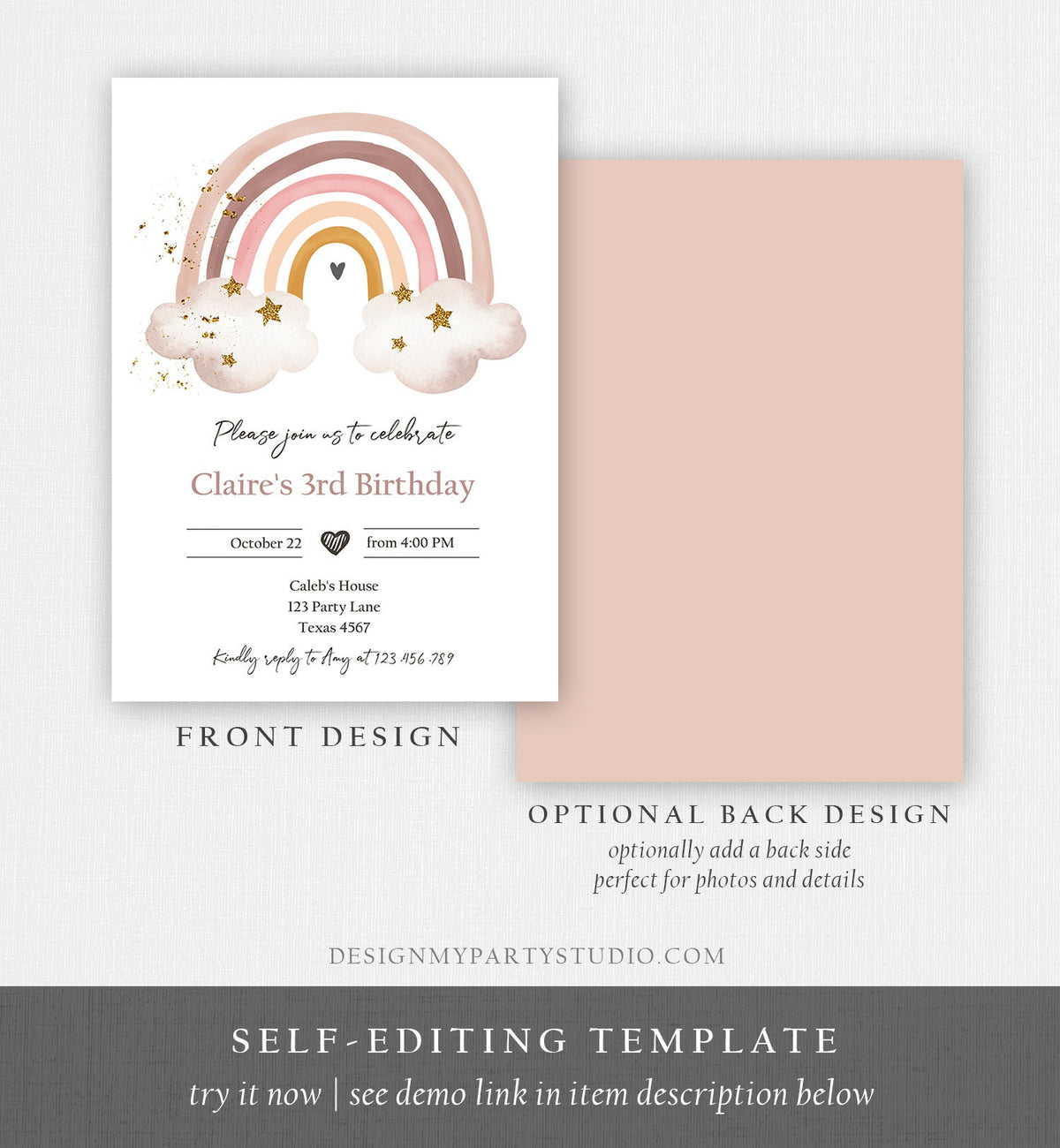 Editable Rainbow Birthday Invitation Rustic Boho Magical Rainbow Pastel 1st Girls Party Digital Download Evite Template Printable 0387