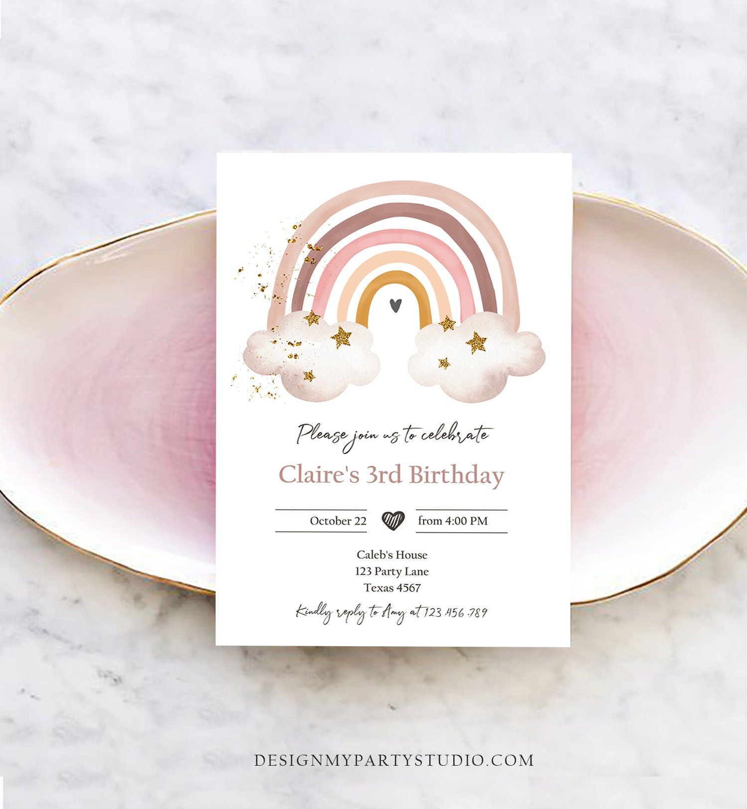 Editable Rainbow Birthday Invitation Rustic Boho Magical Rainbow Pastel 1st Girls Party Digital Download Evite Template Printable 0387