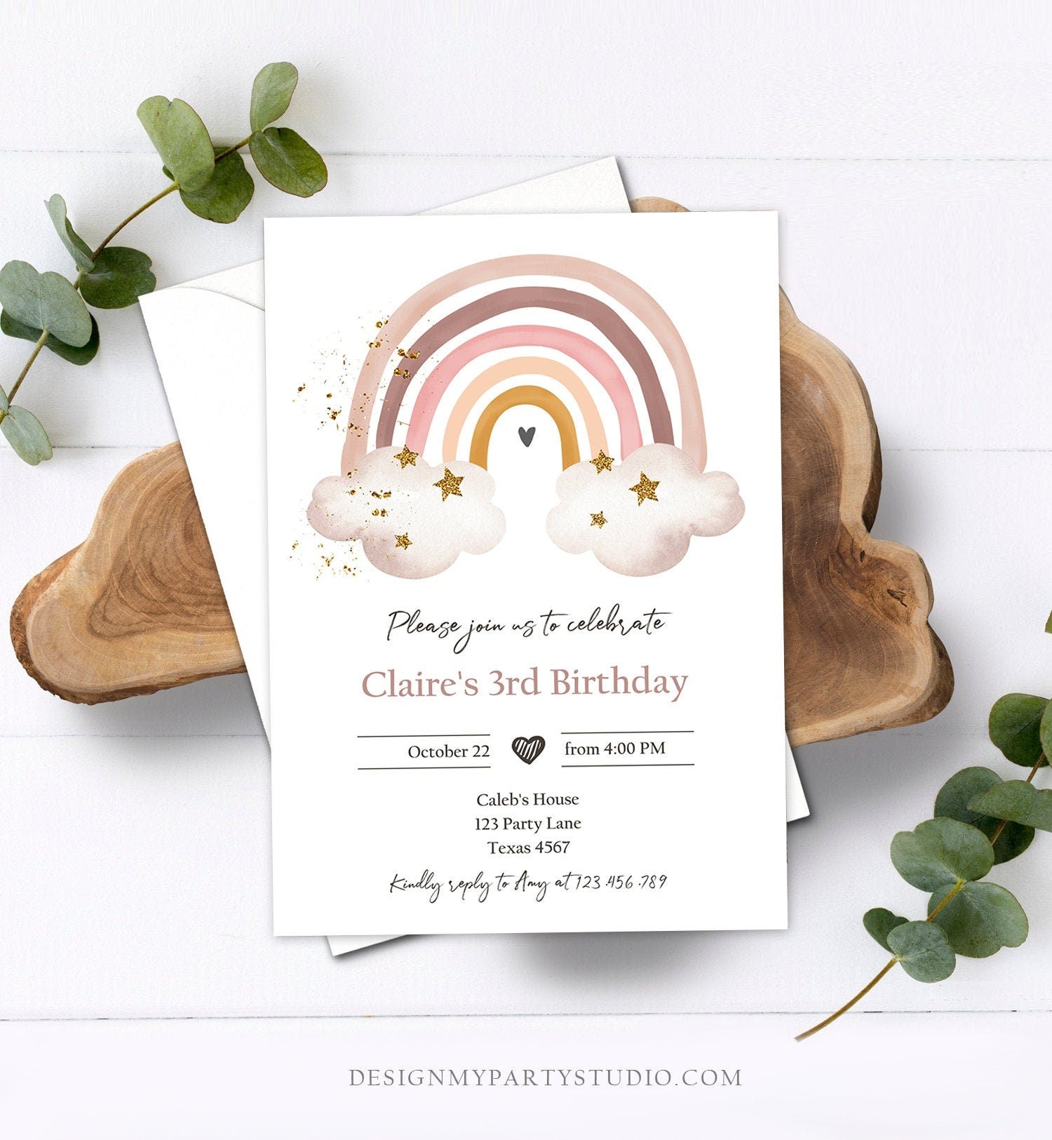 Editable Rainbow Birthday Invitation Rustic Boho Magical Rainbow Pastel 1st Girls Party Digital Download Evite Template Printable 0387