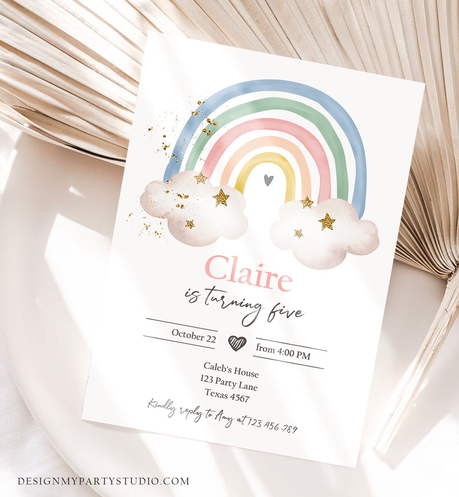 Editable Rainbow Birthday Invitation Pastel Rainbow Invite Girl Over The Rainbow Party Modern Boho Printable Download Digital Template 0387
