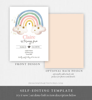 Editable Rainbow Birthday Invitation Pastel Rainbow Invite Girl Over The Rainbow Party Modern Boho Printable Download Corjl Template 0387