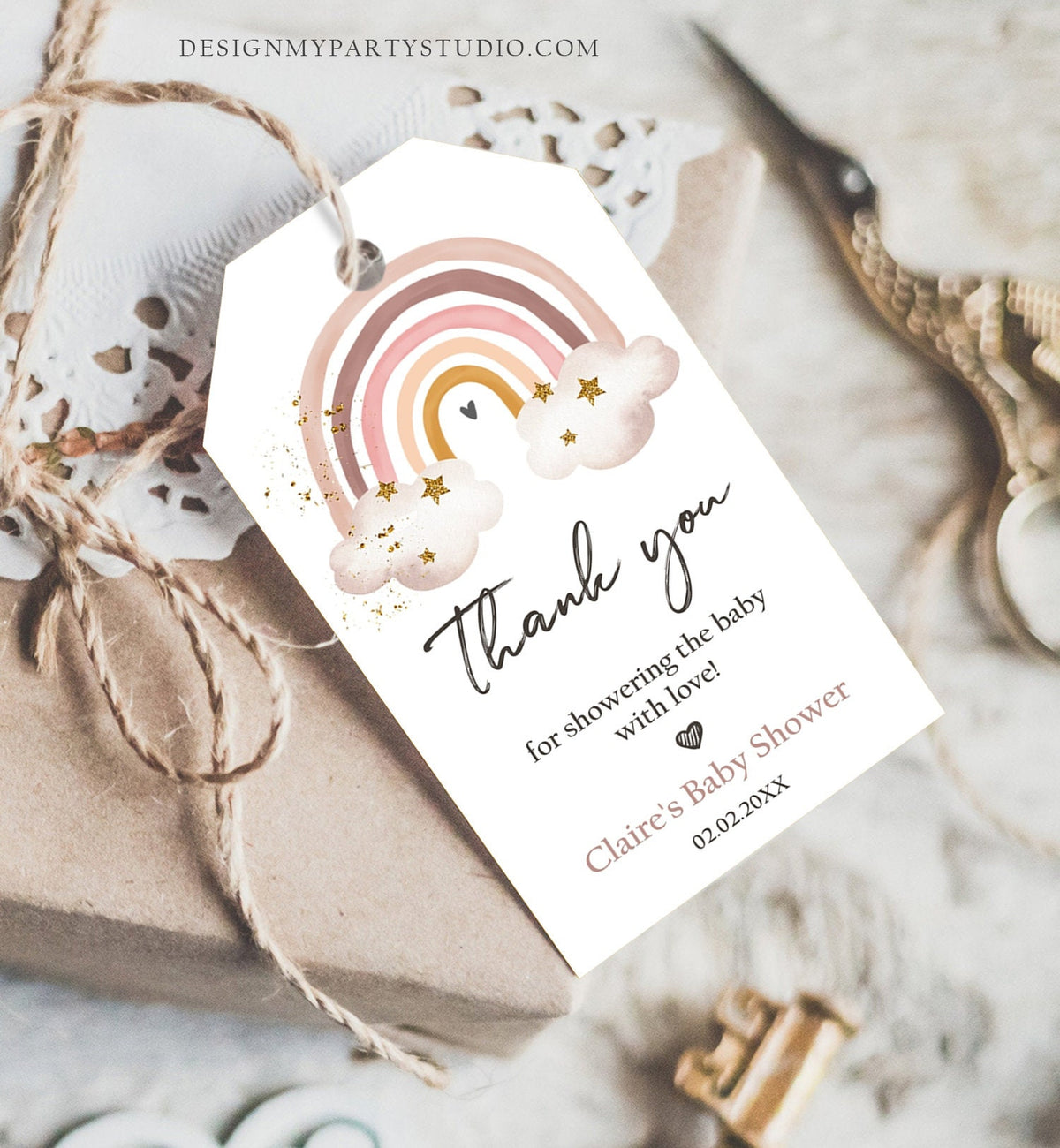 Editable Rainbow Favor Tags Rainbow Baby Shower Thank you tags Boho Rainbow Tags Bohemian Neutral Modern Digital Template Printable 0387