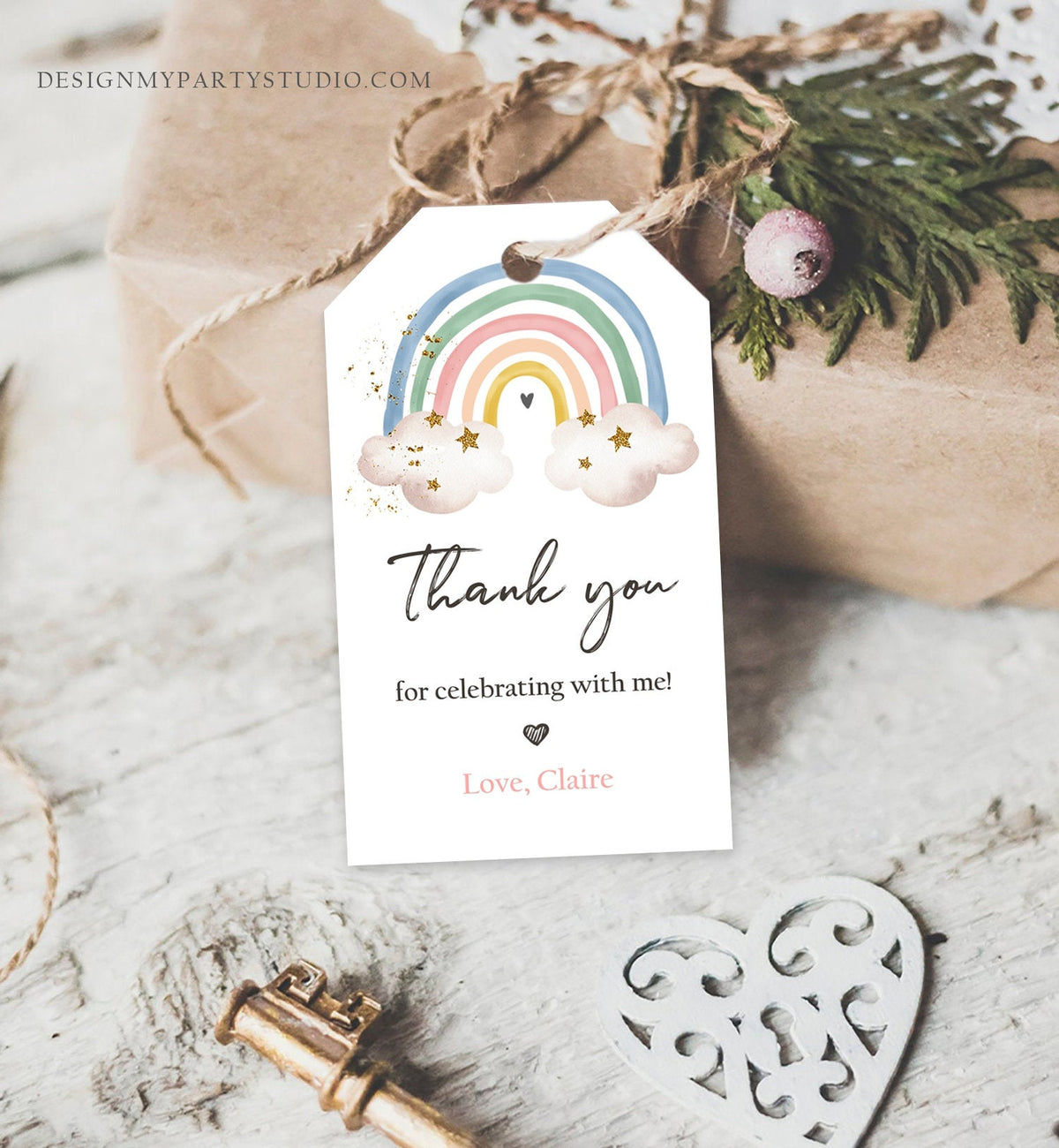 Editable Rainbow Favor Tags Rainbow Birthday Party Thank you tags Boho Rainbow Tags Bohemian Neutral Modern Template PRINTABLE Corjl 0387