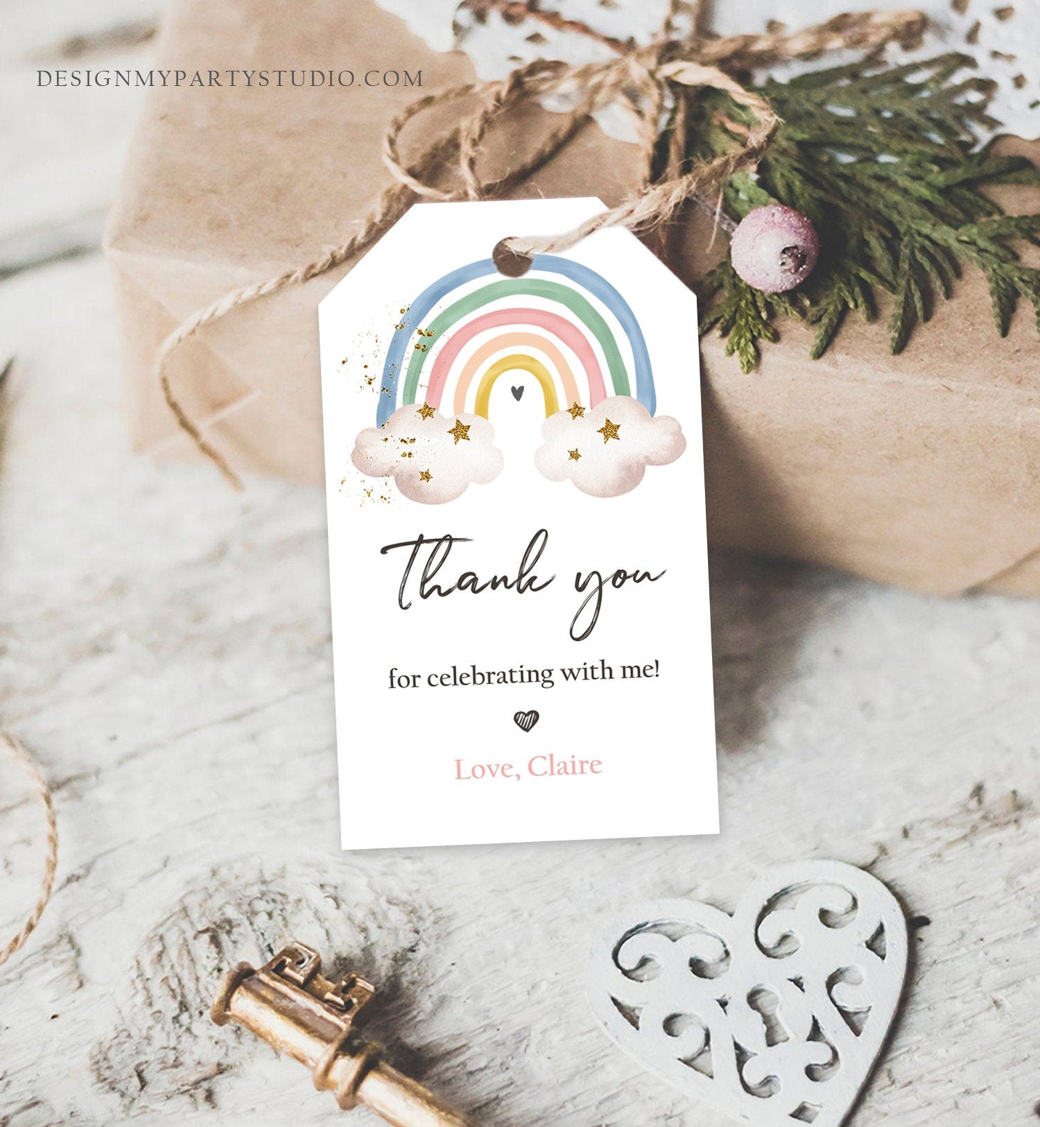 Editable Rainbow Favor Tags Rainbow Birthday Party Thank you tags Boho Rainbow Tags Bohemian Neutral Modern Template PRINTABLE Corjl 0387