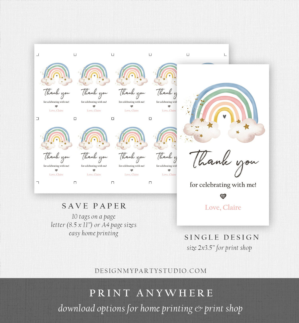 Editable Rainbow Favor Tags Rainbow Birthday Party Thank you tags Boho Rainbow Tags Bohemian Neutral Modern Template PRINTABLE Corjl 0387