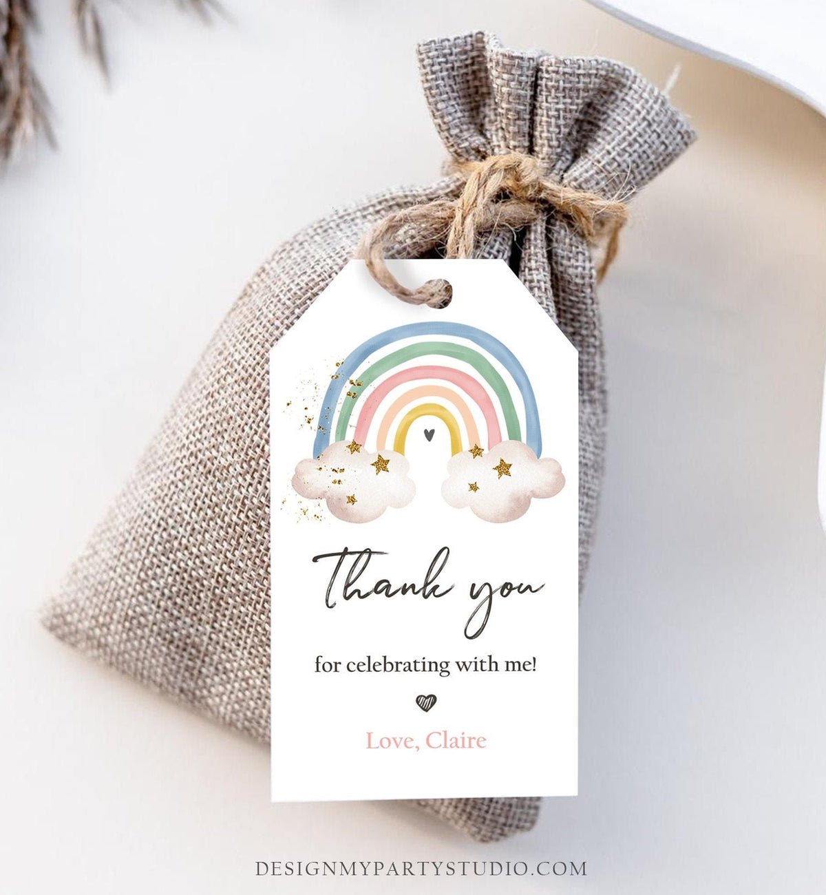 Editable Rainbow Favor Tags Rainbow Birthday Party Thank you tags Boho Rainbow Tags Bohemian Neutral Modern Template PRINTABLE Corjl 0387