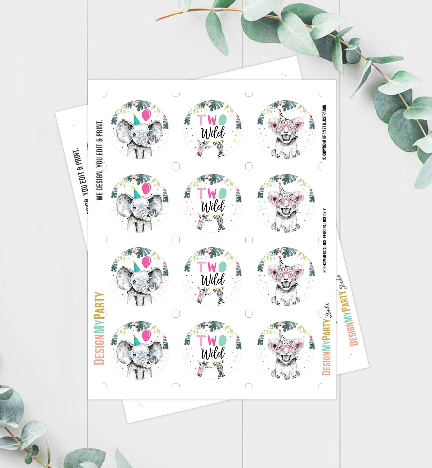 Party Animals Cupcake Toppers Favor Tags Birthday Party Decoration Safari Animals Zoo 2nd Birthday Two Wild download Digital PRINTABLE 0322