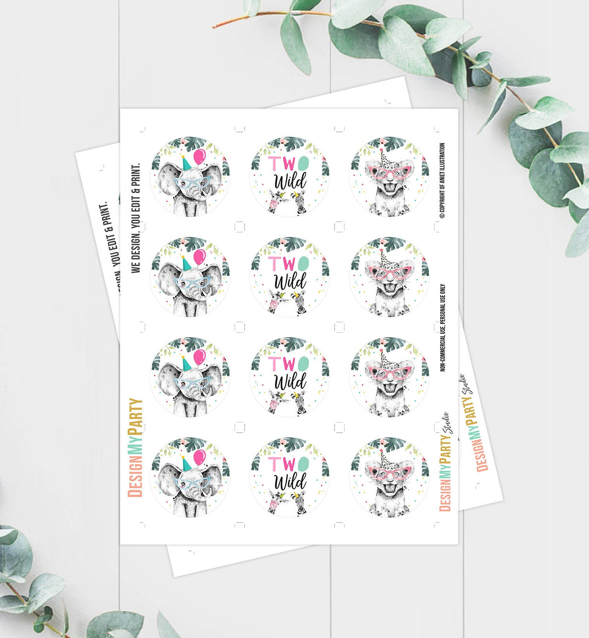 Party Animals Cupcake Toppers Favor Tags Birthday Party Decoration Safari Animals Zoo 2nd Birthday Two Wild Digital Download Printable 0322