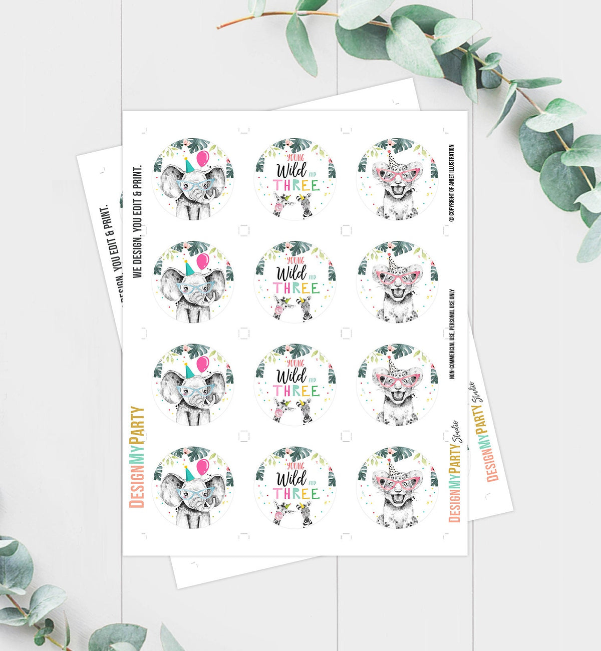 Party Animals Cupcake Toppers Favor Tags Birthday Party Decoration Safari Animals Zoo Young Wild and Three download Digital PRINTABLE 0322