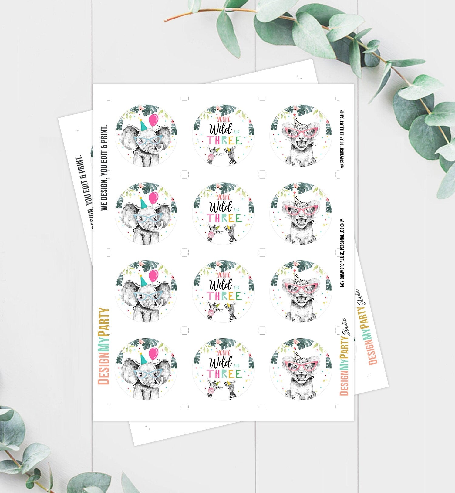 Party Animals Cupcake Toppers Favor Tags Birthday Party Decoration Safari Animals Zoo Young Wild and Three download Digital PRINTABLE 0322