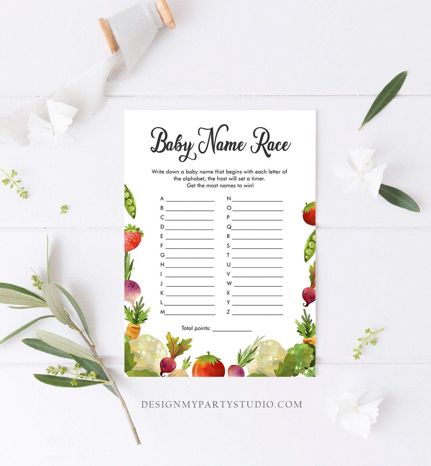 Editable Baby Name Race Baby Shower Game Locally Grown Farmers Market Fruit Vegetables Farm Barn Fun Names Digital Template Printable 0144