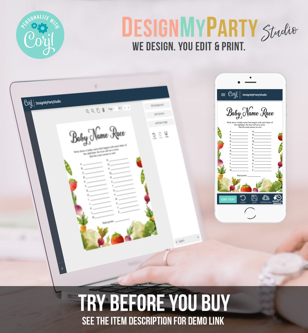 Editable Baby Name Race Baby Shower Game Locally Grown Farmers Market Fruit Vegetables Farm Barn Fun Names Digital Template Printable 0144