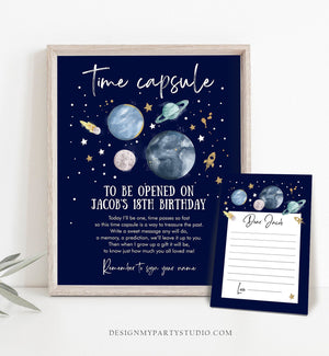Editable Outer Space Time Capsule First Birthday Party Astronaut Rocket Space Birthday Moon Planets Guestbook Template Printable Corjl 0357