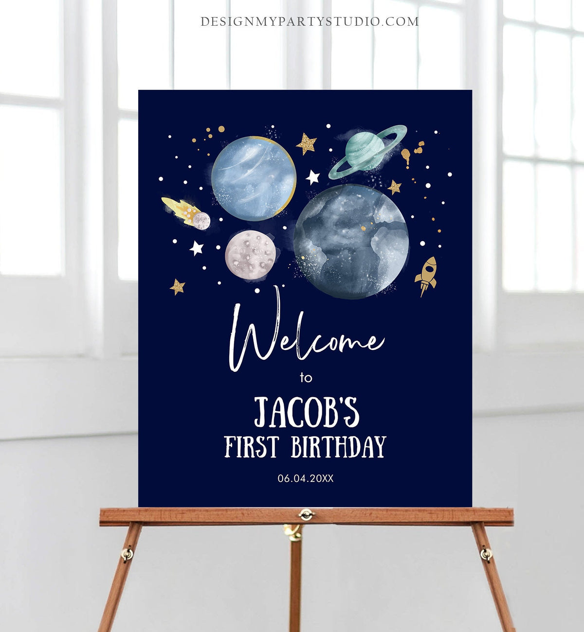 Editable Outer Space Birthday Welcome Sign 1st Birthday Boy Galaxy Planets Trip Around the Sun Astronaut Digital Template Printable 0357