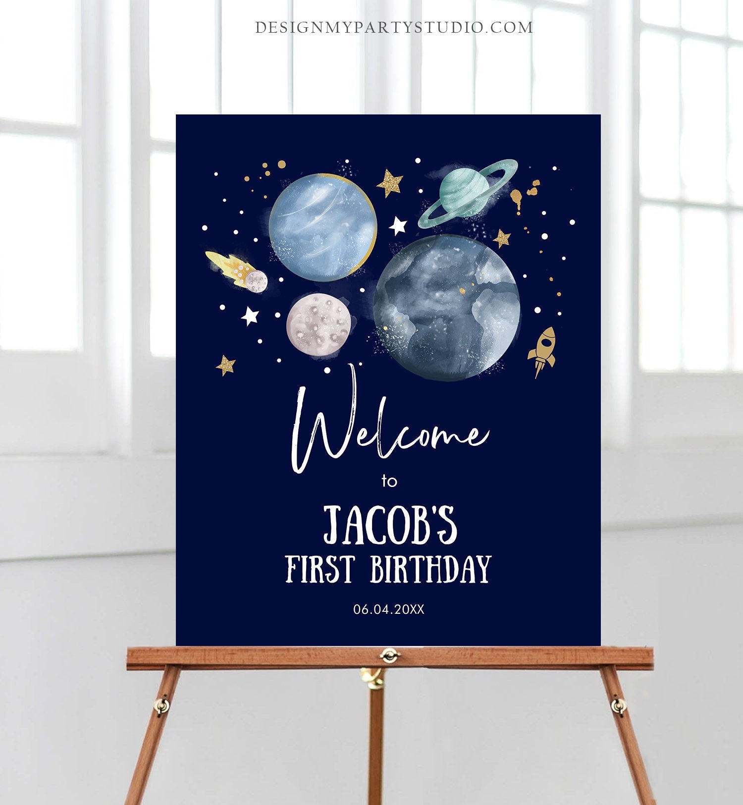 Editable Outer Space Birthday Welcome Sign 1st Birthday Boy Galaxy Planets Trip Around the Sun Astronaut Digital Template Printable 0357