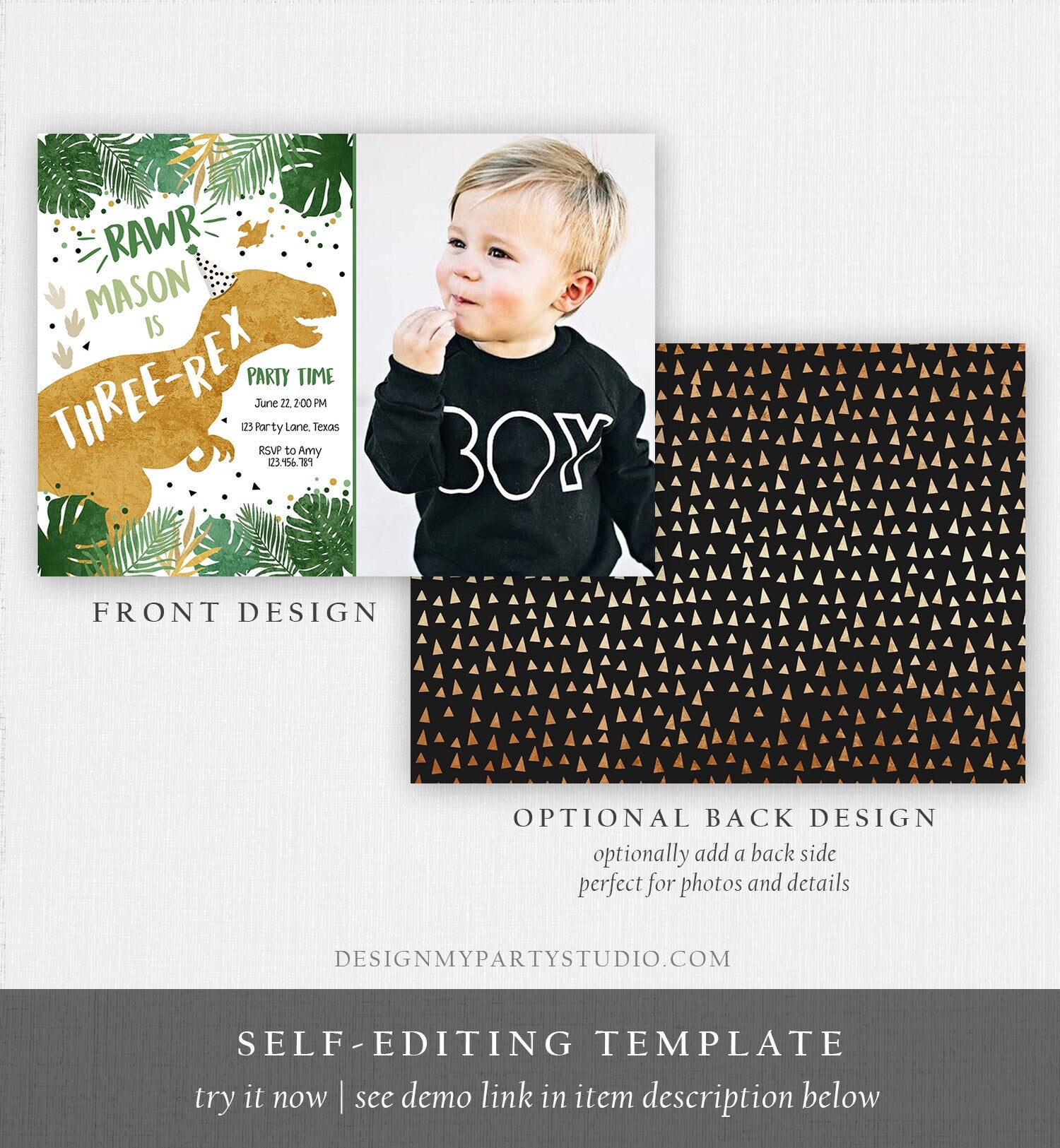 Editable Three-Rex Dinosaur Birthday Invitation Dino T-Rex Third Birthday 3rd RAWR ROAR Boy Gold Prehistoric Digital Template Printable 0146