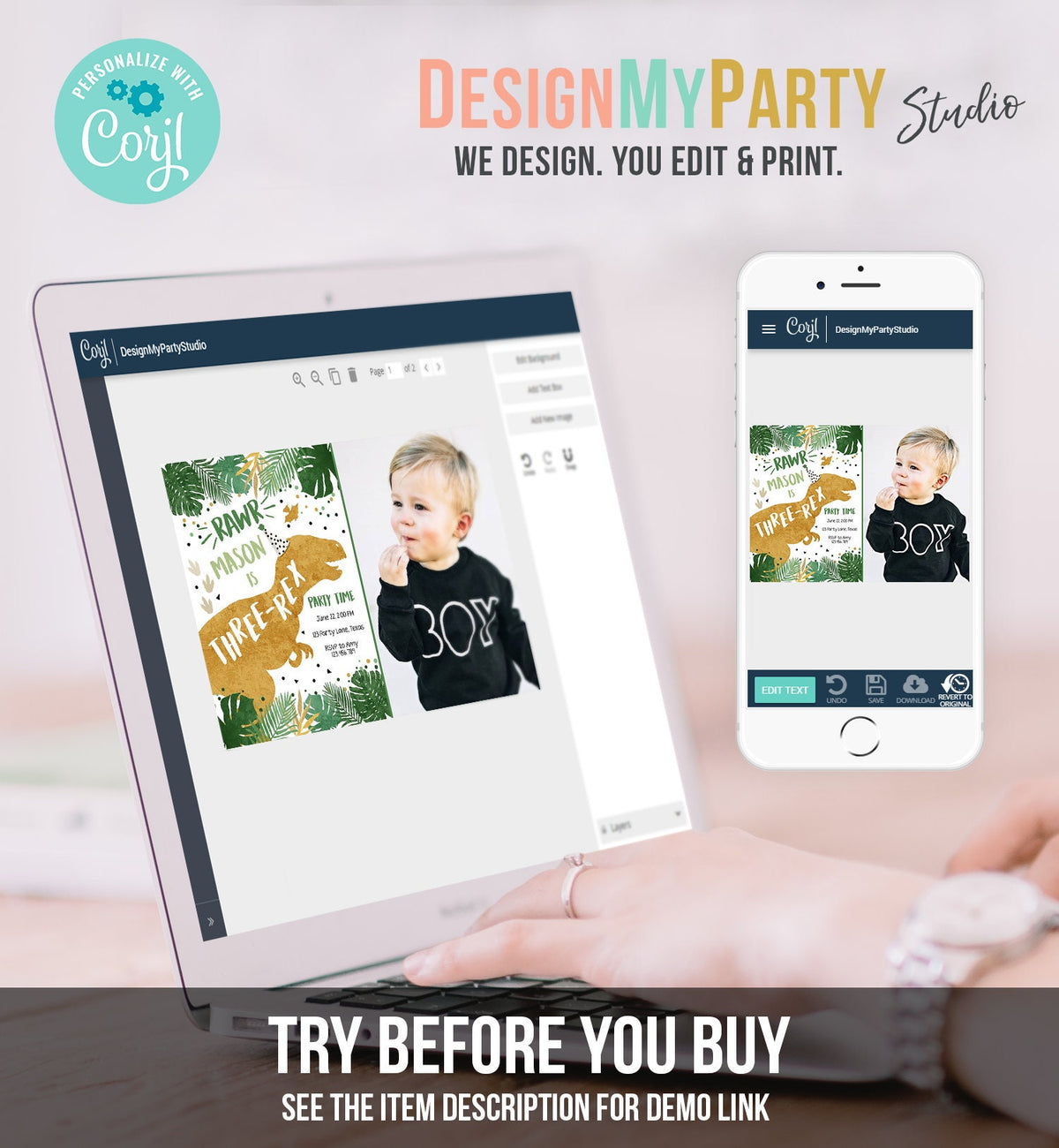 Editable Three-Rex Dinosaur Birthday Invitation Dino T-Rex Third Birthday 3rd RAWR ROAR Boy Gold Prehistoric Digital Template Printable 0146