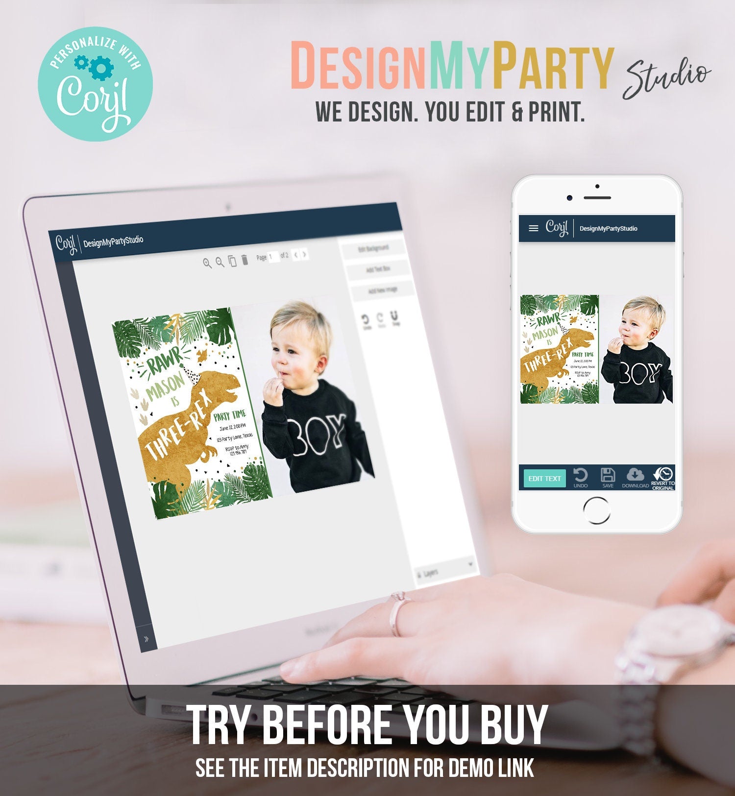 Editable Three-Rex Dinosaur Birthday Invitation Dino T-Rex Third Birthday 3rd RAWR ROAR Boy Gold Prehistoric Digital Template Printable 0146