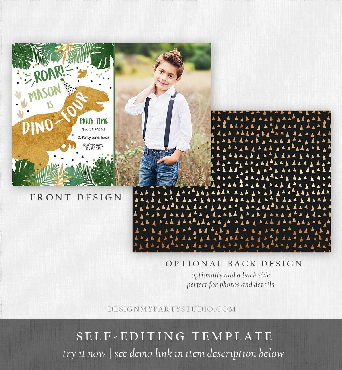 Editable Dino-Four Dinosaur Birthday Invitation Dino T-Rex Boy Fourth Birthday 4th RAWR ROAR Green Gold Corjl Template Printable 0146