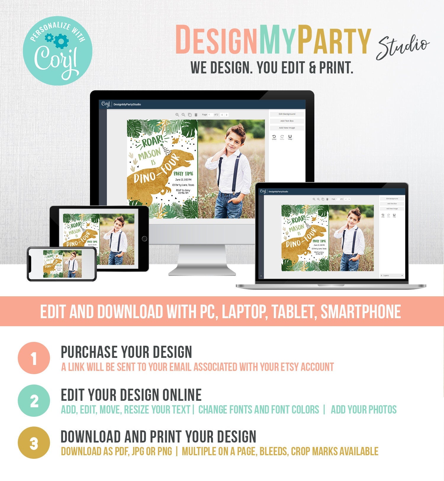 Editable Dino-Four Dinosaur Birthday Invitation Dino T-Rex Boy Fourth Birthday 4th RAWR ROAR Green Gold Corjl Template Printable 0146