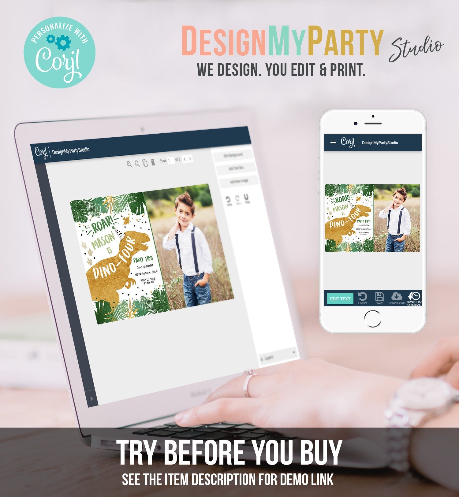 Editable Dino-Four Dinosaur Birthday Invitation Dino T-Rex Boy Fourth Birthday 4th RAWR ROAR Green Gold Corjl Template Printable 0146