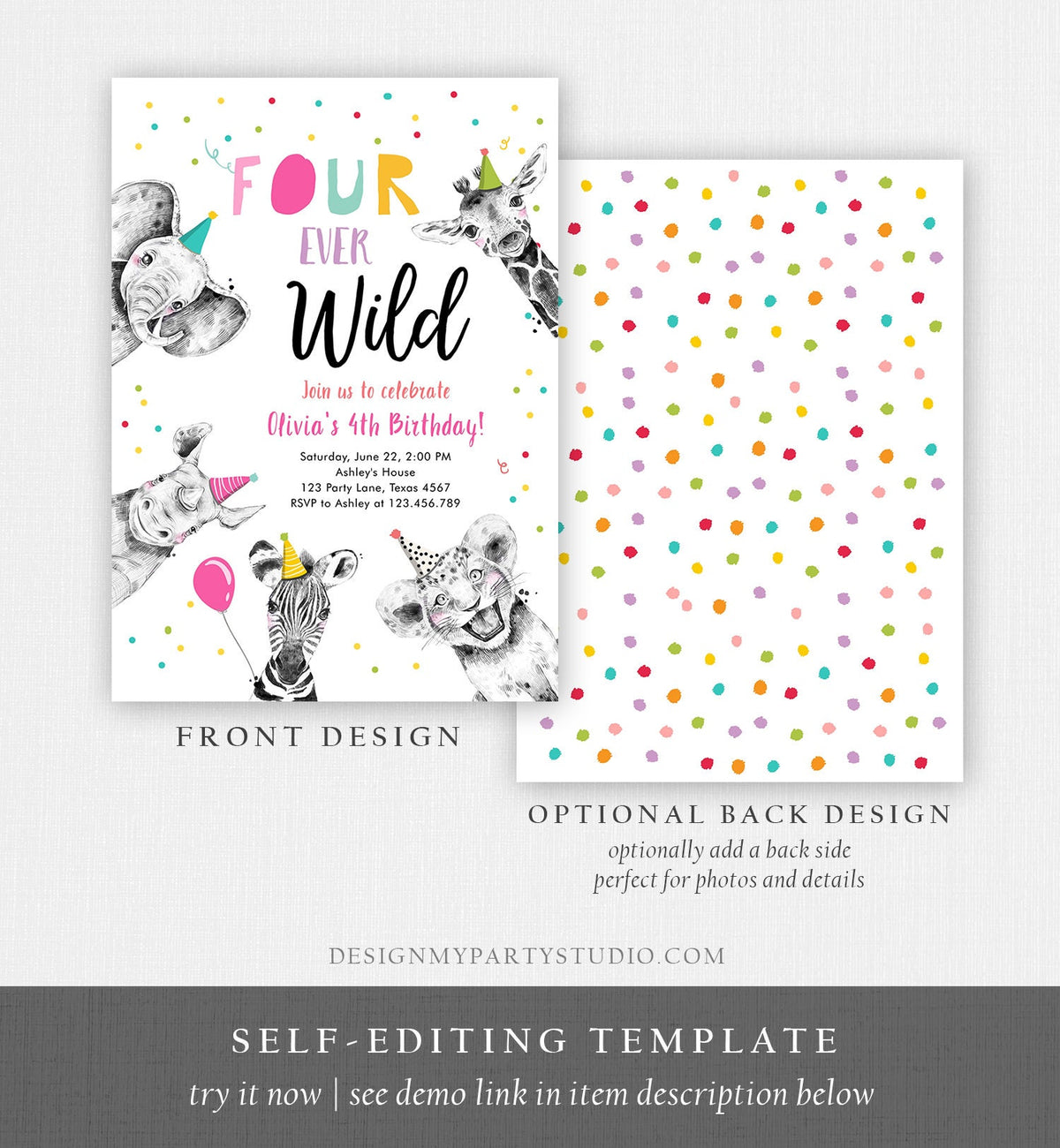 Editable Four Ever Wild Birthday Invitation Girl Pink Gold Safari Party Animals Fourth Birthday 4th Printable Template Digital Corjl 0390