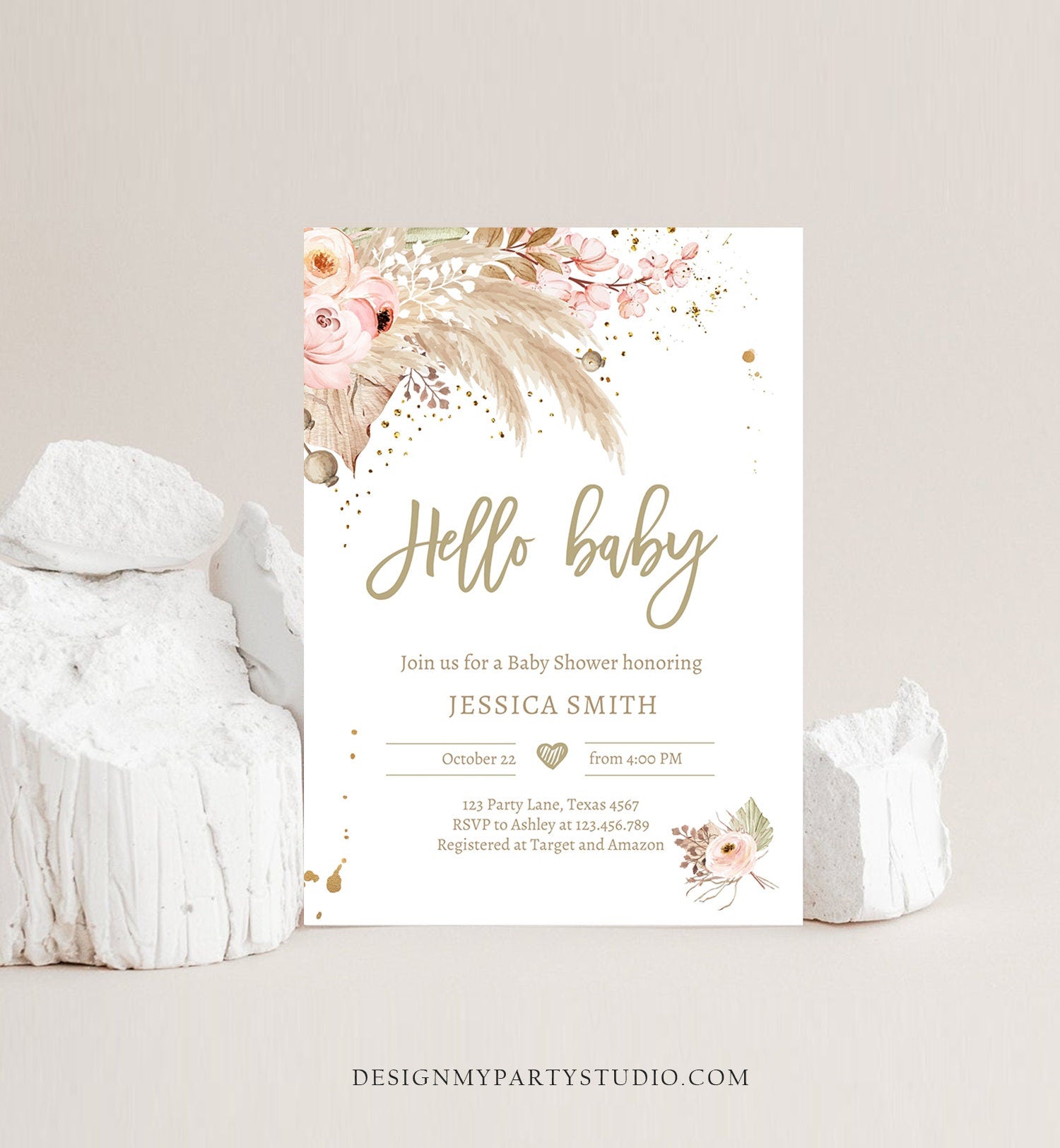Editable Pampas Grass Baby Shower Invitation Boho Baby Shower Bohemian Shower Tropical Digital Download Evite Template Printable 0395