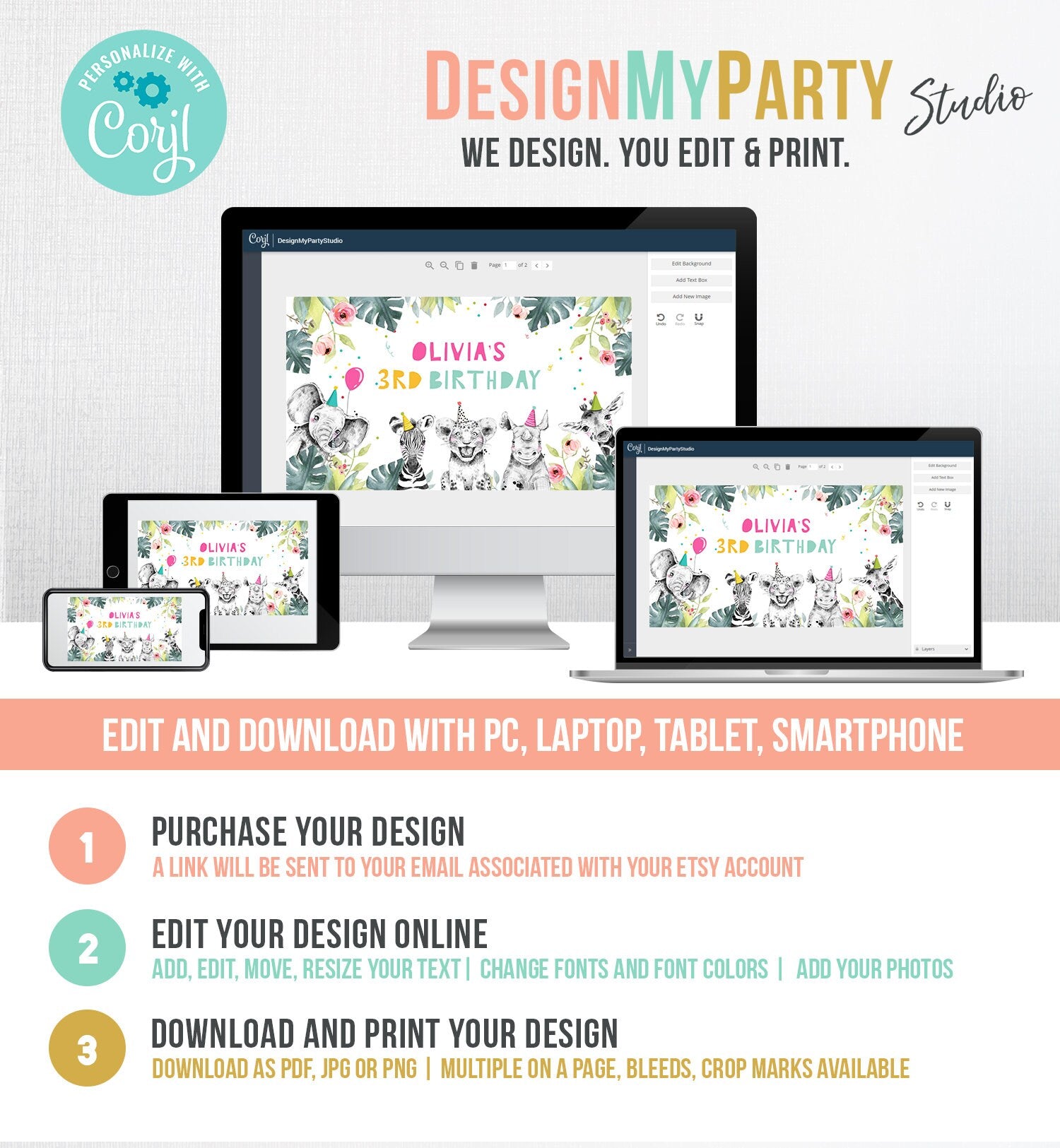 Editable Party Animals Birthday Gable Box Safari Animals Birthday Gift Box Label Party Animals Girl Download Printable Digital Template 0322