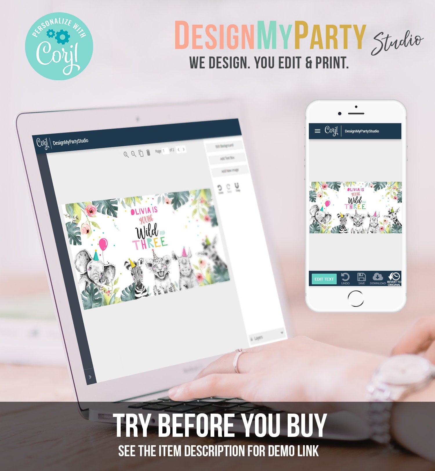 Editable Party Animals Gable Safari Animals 3rd Birthday Gift Box Label Watercolor Young Wild and Three Digital Template Printable 0322