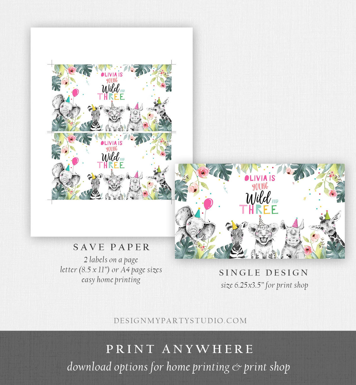 Editable Party Animals Gable Safari Animals 3rd Birthday Gift Box Label Watercolor Young Wild and Three Digital Template Printable 0322