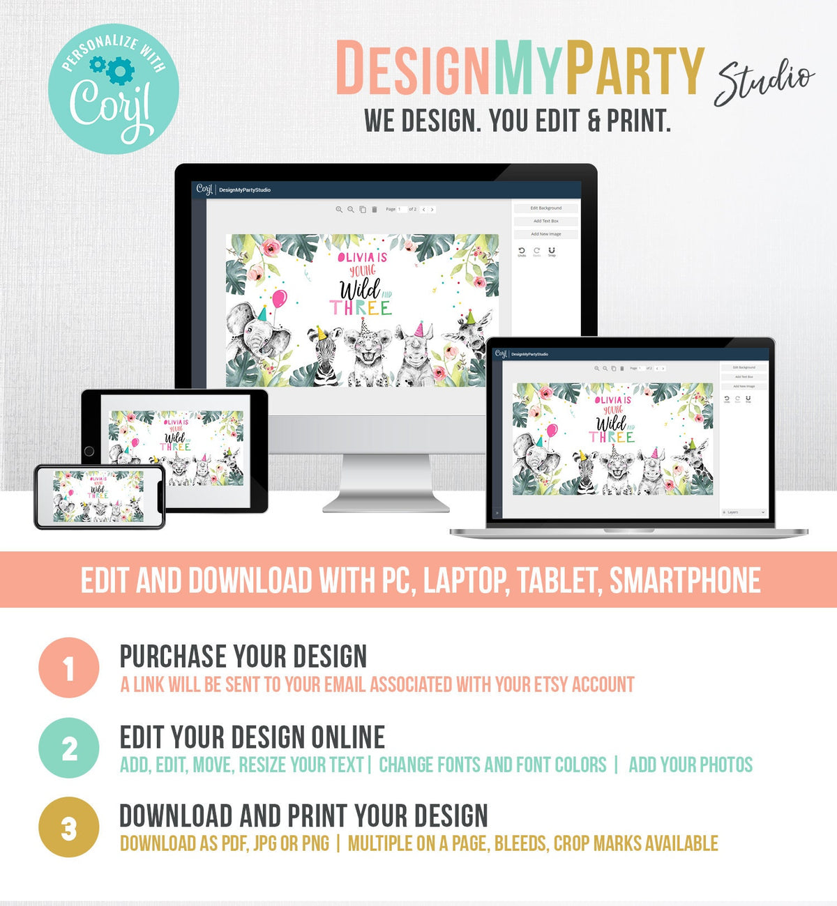 Editable Party Animals Gable Safari Animals 3rd Birthday Gift Box Label Watercolor Young Wild and Three Digital Template Printable 0322