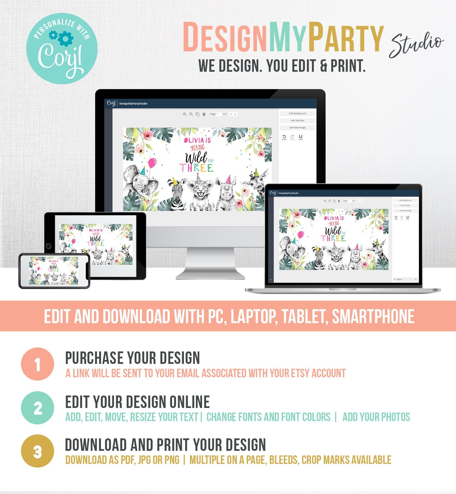 Editable Party Animals Gable Safari Animals 3rd Birthday Gift Box Label Watercolor Young Wild and Three Digital Template Printable 0322