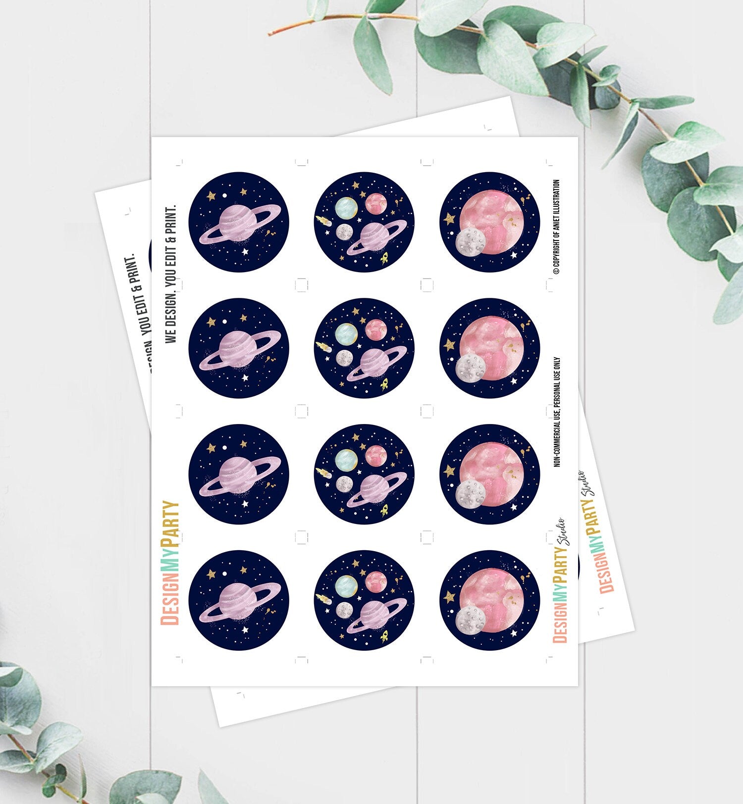 Outer Space Birthday Cupcake Toppers First Trip Around the Sun Favor Tags Space Birthday Planets Galaxy Girl Purple Digital PRINTABLE 0357