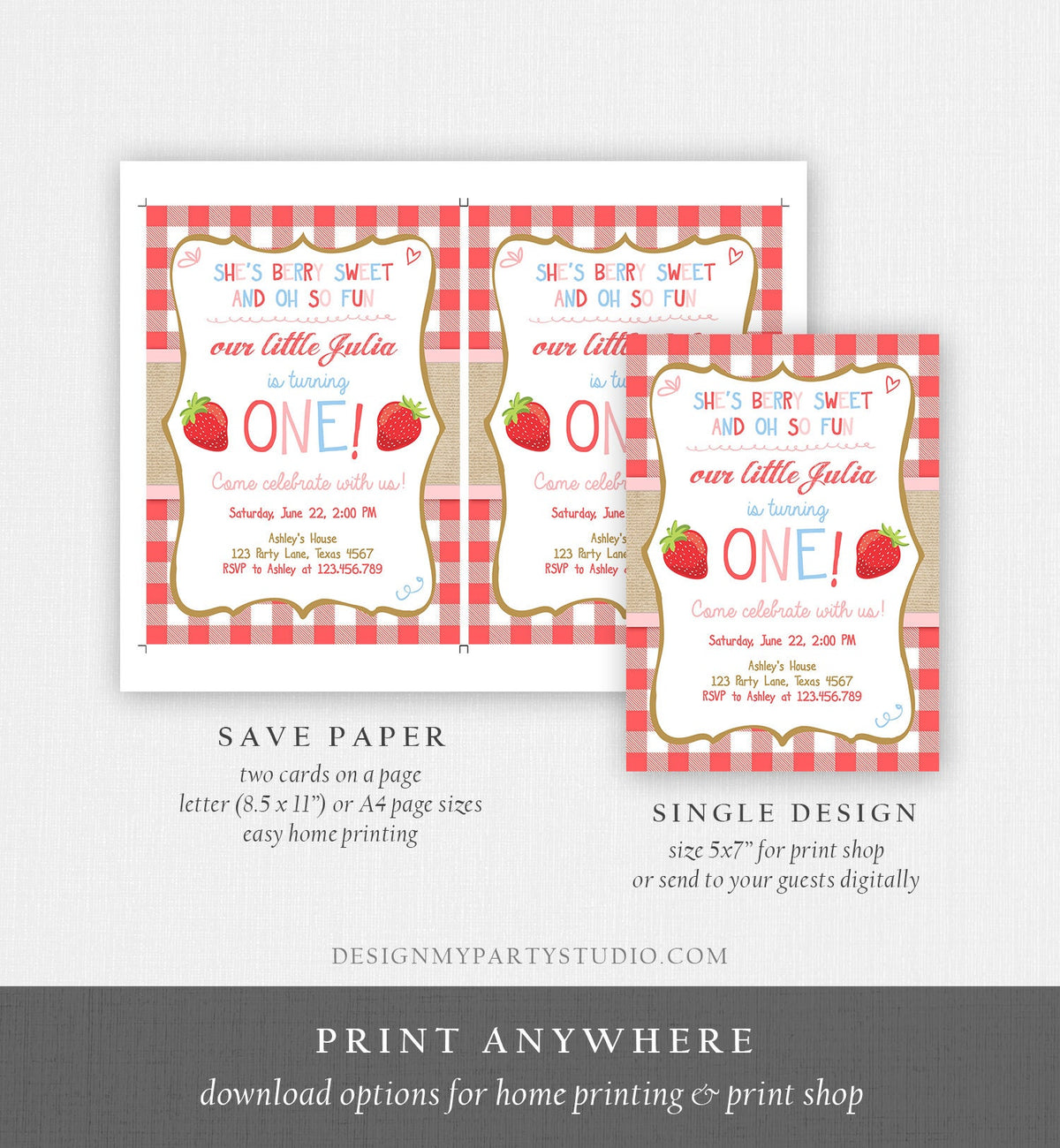 Editable Strawberry Birthday Invitation First Birthday Farmers Market Girl Pink Blue Download Printable ANY AGE Template Corjl Digital 0091