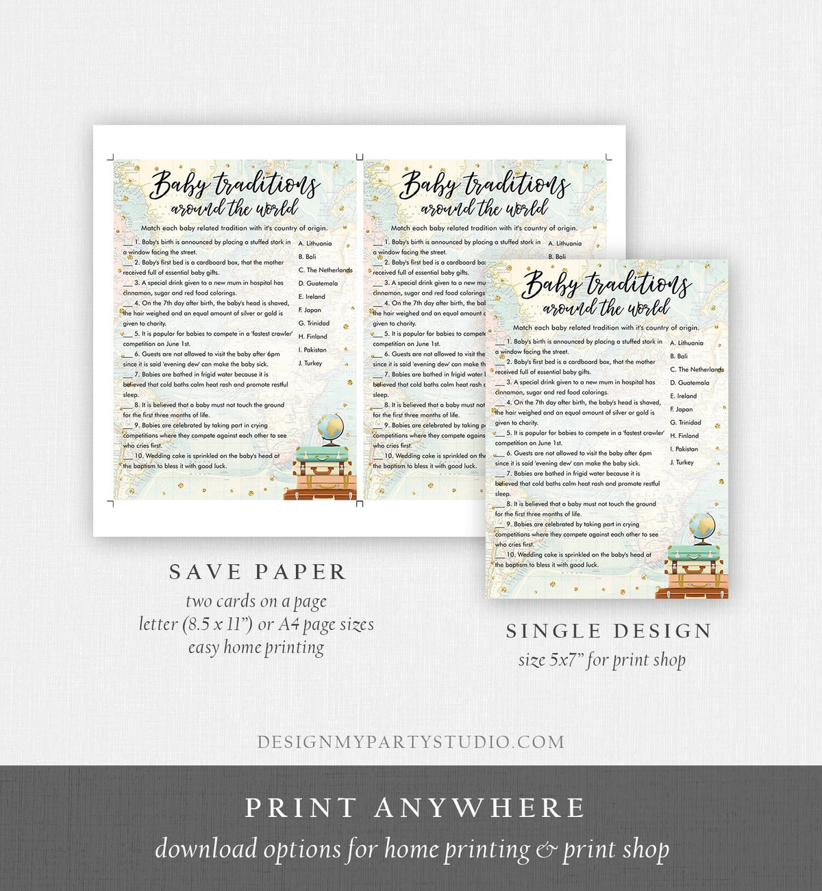 Editable Baby Traditions Around the World Baby Shower Game Card Travel Adventure Journey Activity Printable Download Template Corjl 0263
