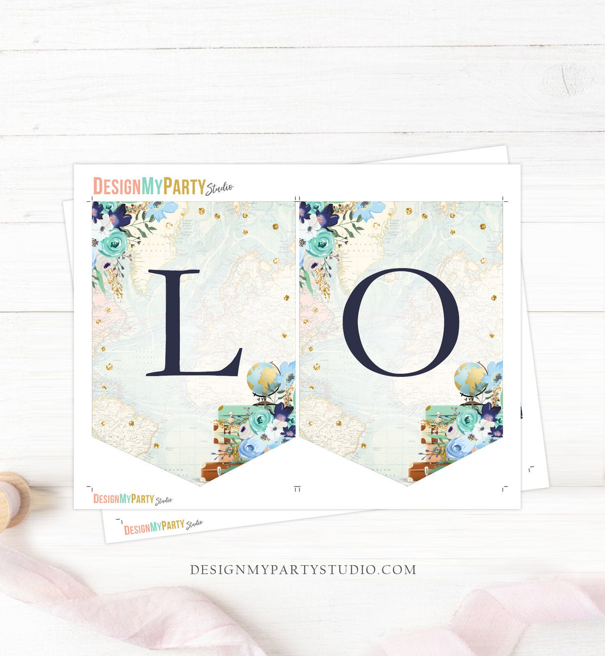Love is an Adventure Banner Travel Adventure Bridal Shower Traveling Suitcases Floral Navy Blue Flowers Instant Download Printable 0030