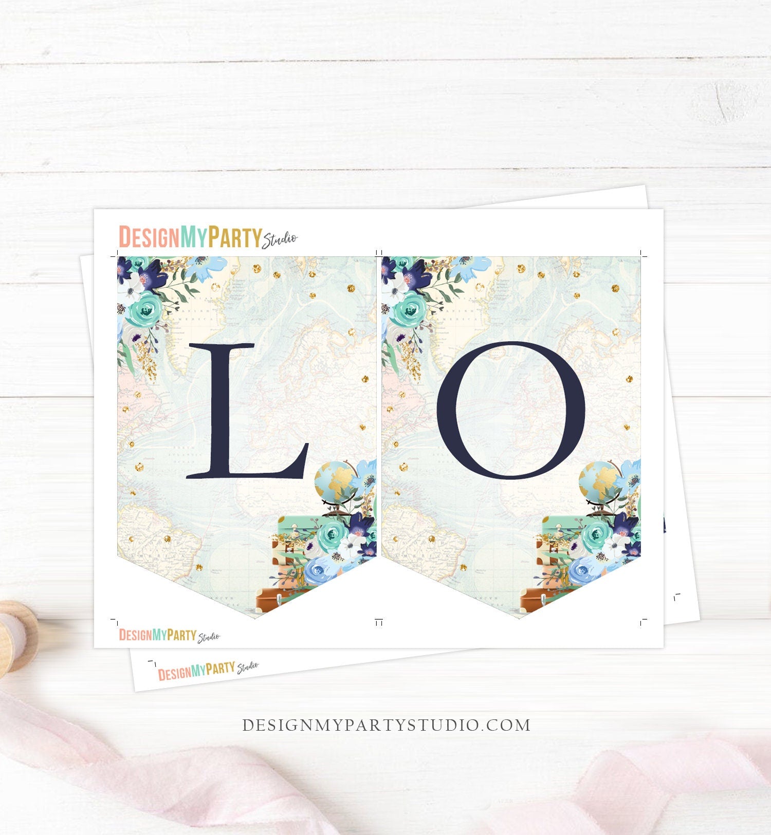 Love is an Adventure Banner Travel Adventure Bridal Shower Traveling Suitcases Floral Navy Blue Flowers Instant Download Printable 0030