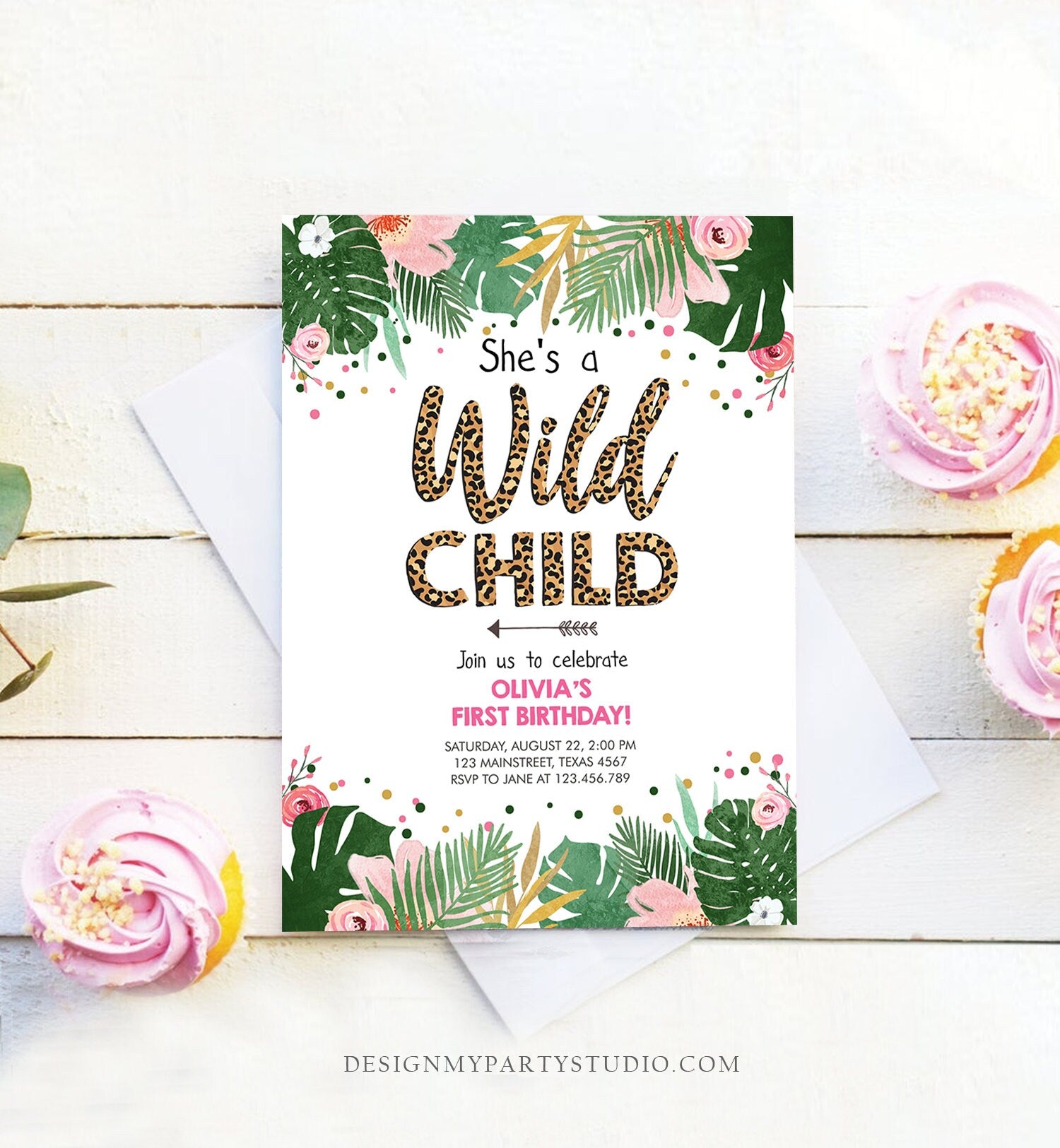 Editable Wild Child Birthday Invitation Girl Tropical Safari Pink Leopard Jungle Wild One Two Wild Download Corjl Template Printable 0332