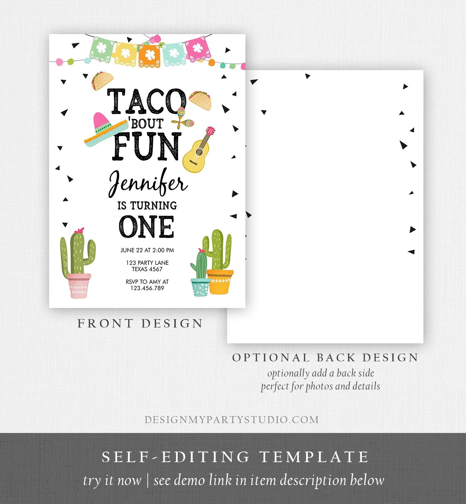 Editable Taco Bout Fun Birthday Invitation Girl First Fiesta Birthday Cactus Sombrero Pink Instant Download Printable Template Corjl 0161