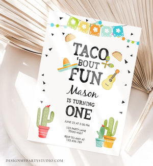 Editable Taco Bout Fun Birthday Invitation Boy First Fiesta Cactus Sombrero Blue Instant Download Printable Invitation Template Corjl 0161