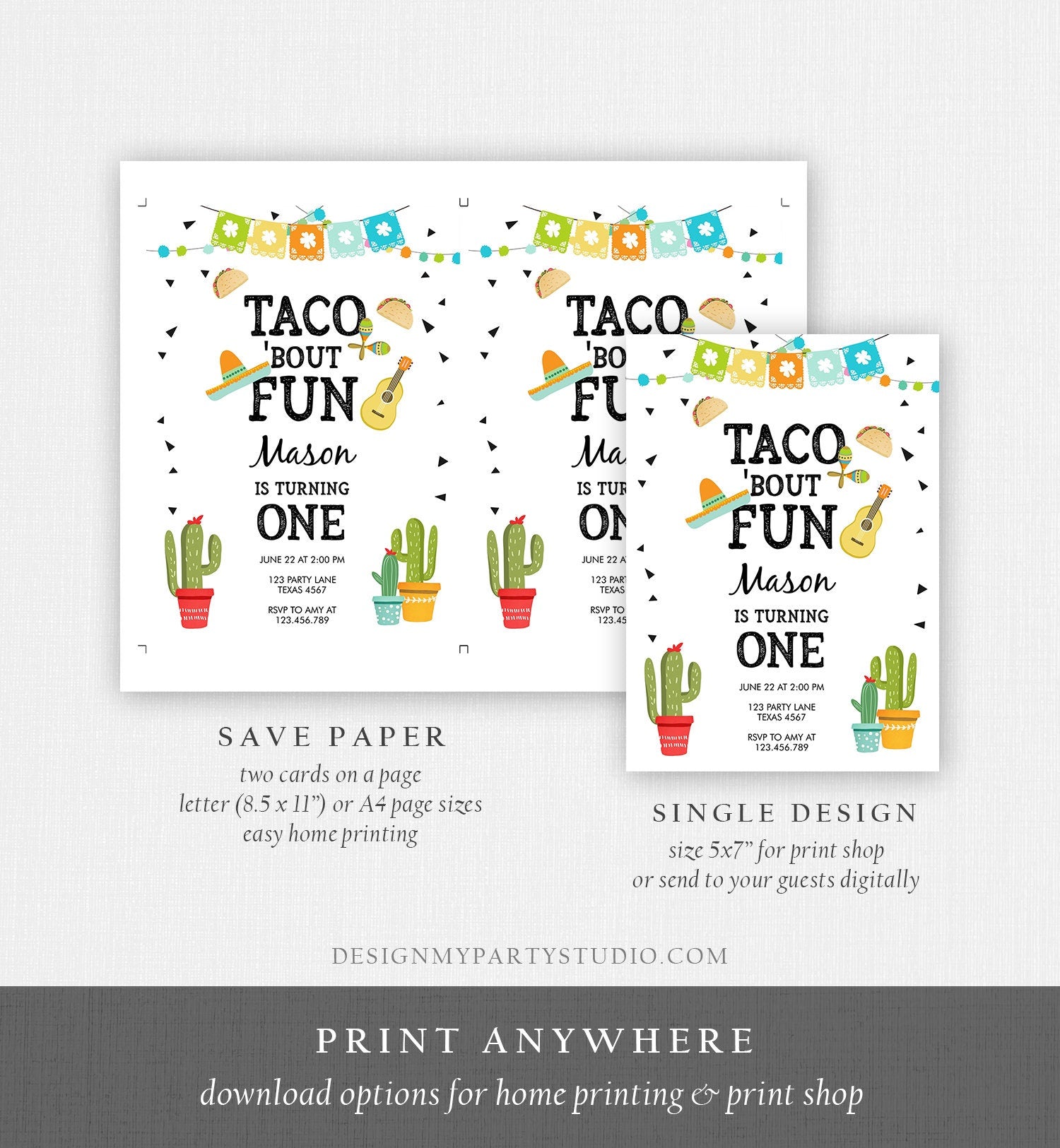 Editable Taco Bout Fun Birthday Invitation Boy First Fiesta Cactus Sombrero Blue Instant Download Printable Invitation Template Corjl 0161