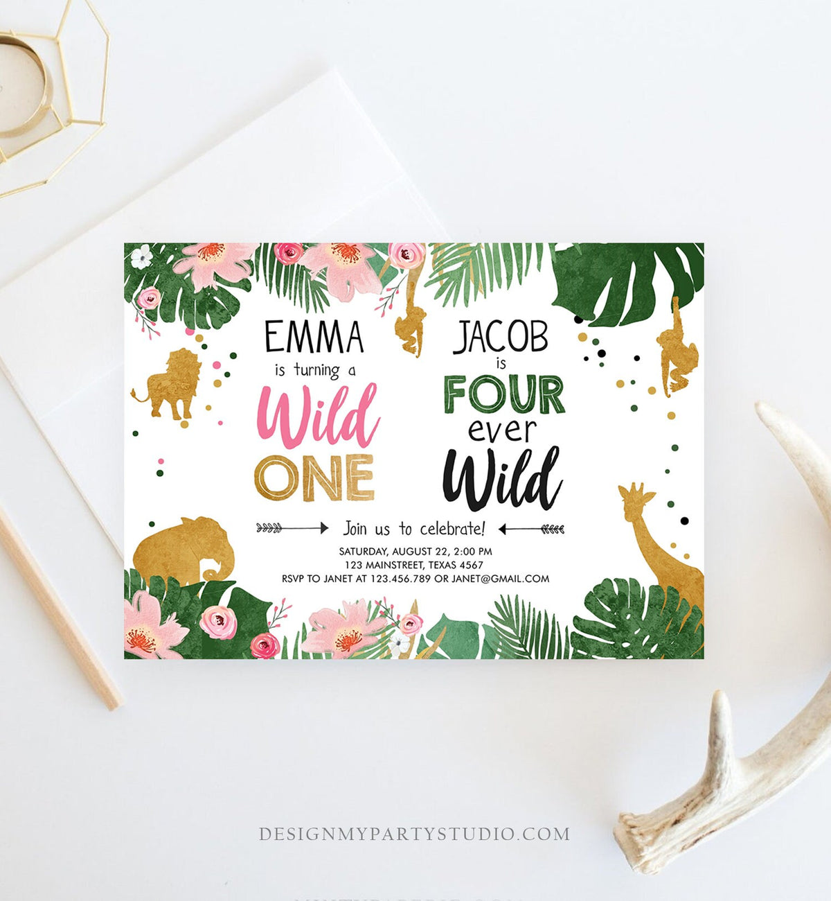 Editable Wild One Birthday Invitation Four Ever Wild Boy Girl Safari Animals Jungle Gold Joint Dual Combined Corjl Template Printable 0016