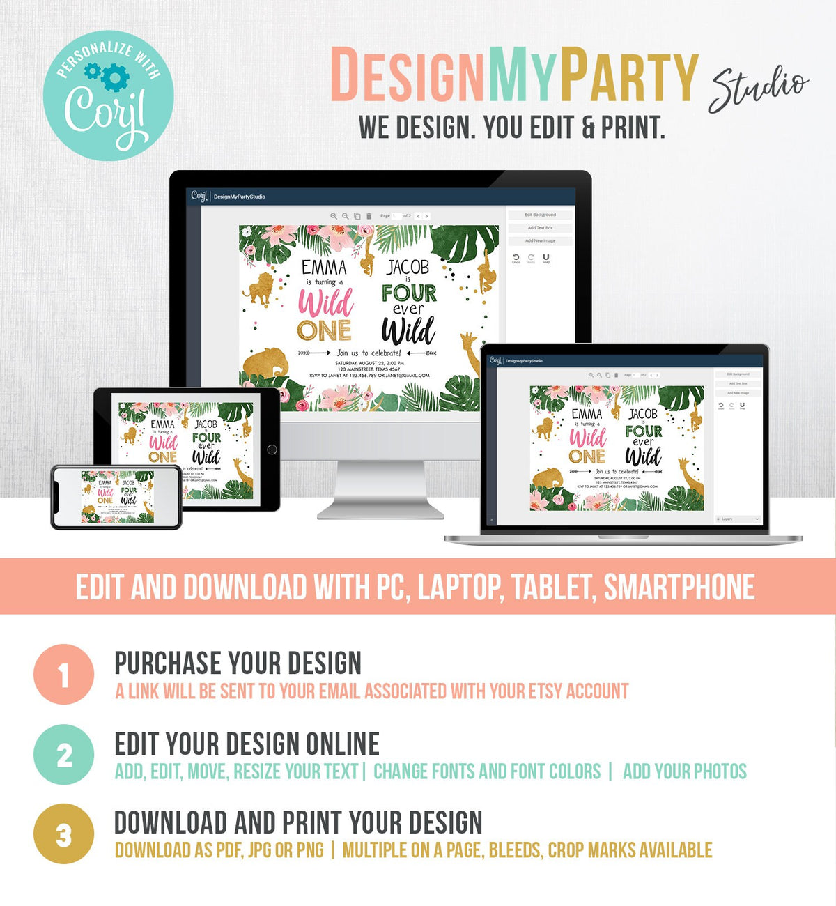 Editable Wild One Birthday Invitation Four Ever Wild Boy Girl Safari Animals Jungle Gold Joint Dual Combined Corjl Template Printable 0016