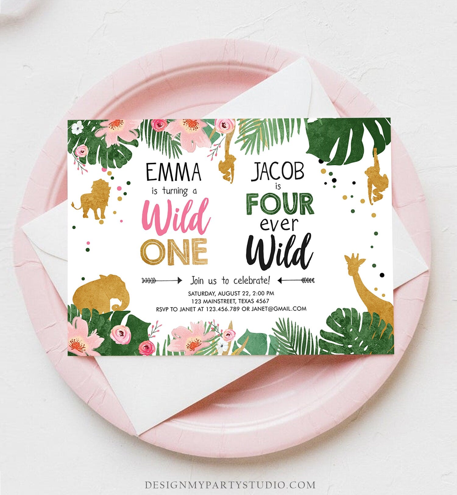 Editable Wild One Birthday Invitation Four Ever Wild Boy Girl Safari Animals Jungle Gold Joint Dual Combined Corjl Template Printable 0016