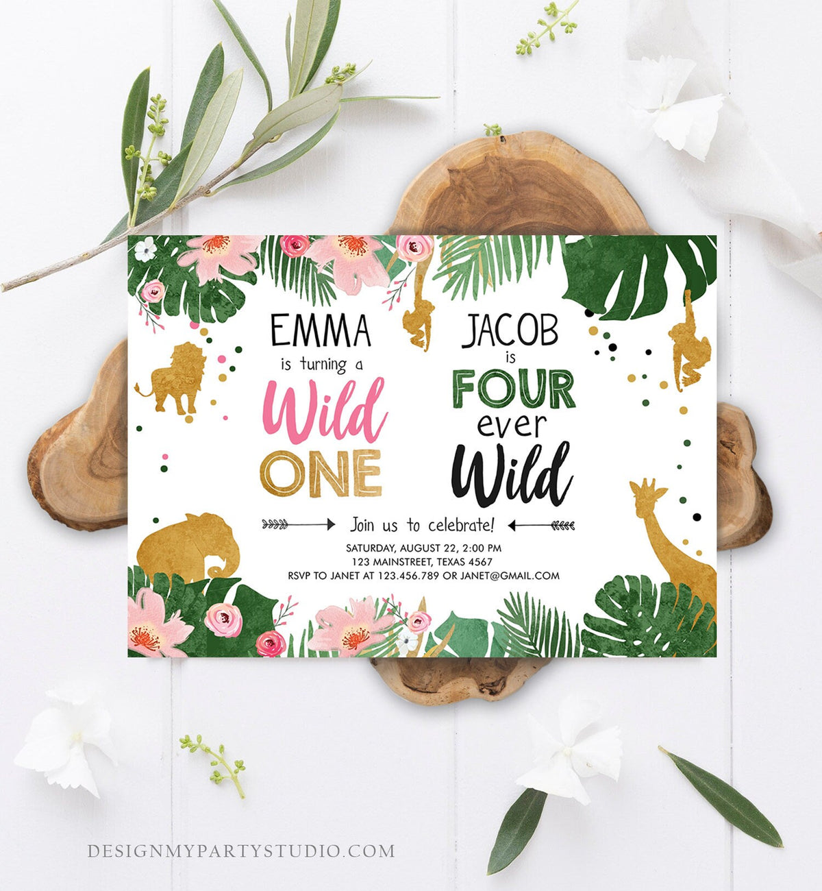 Editable Wild One Birthday Invitation Four Ever Wild Boy Girl Safari Animals Jungle Gold Joint Dual Combined Corjl Template Printable 0016