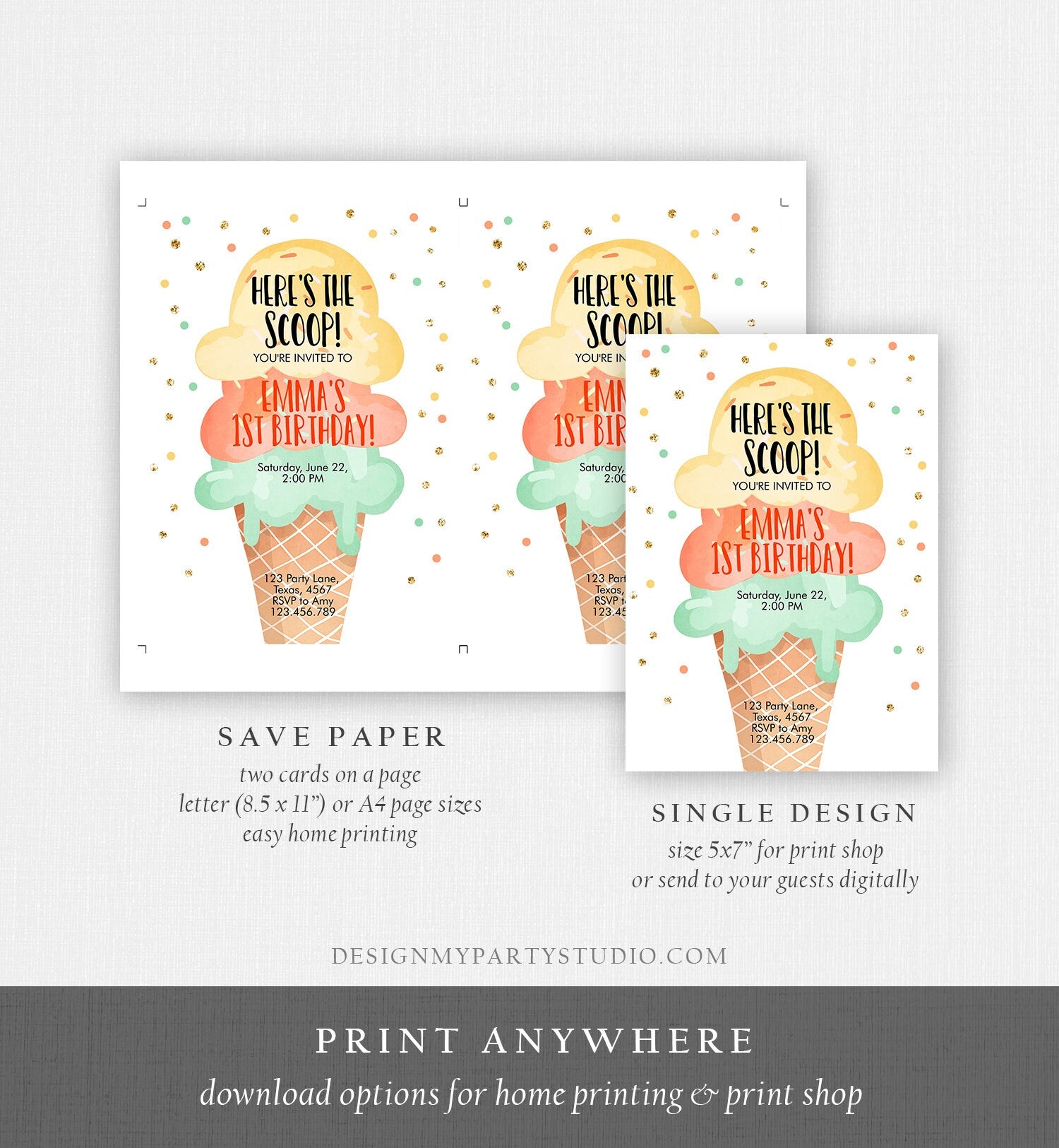 Editable Ice Cream Birthday Invitation First Birthday Party Here's the Scoop Cone Yellow Orange Mint Gold Printable Template Corjl 0243