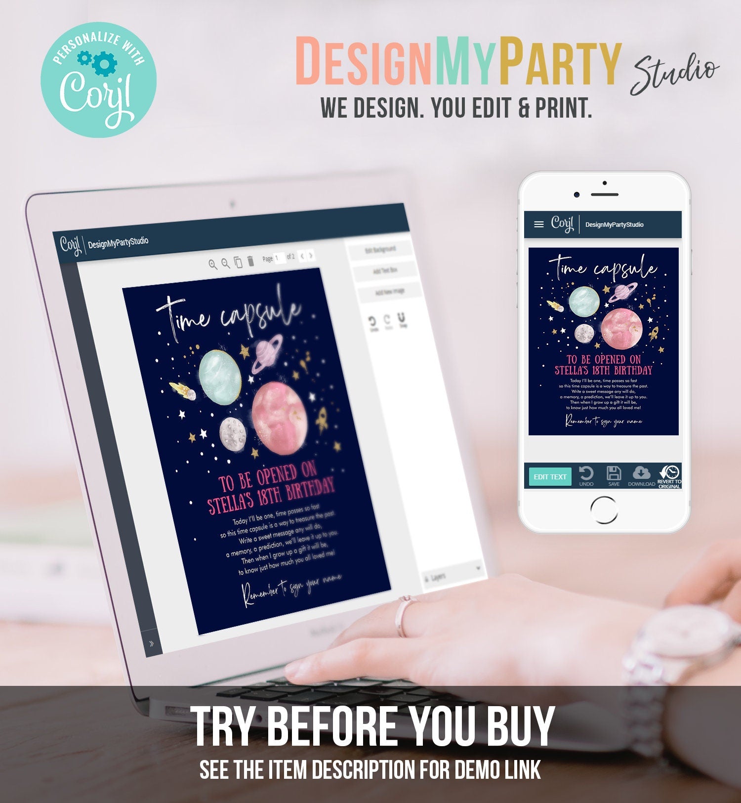 Editable Outer Space Time Capsule First Birthday Party Astronaut Rocket Girl Pink Moon Planets Guestbook Digital Template Printable 0357