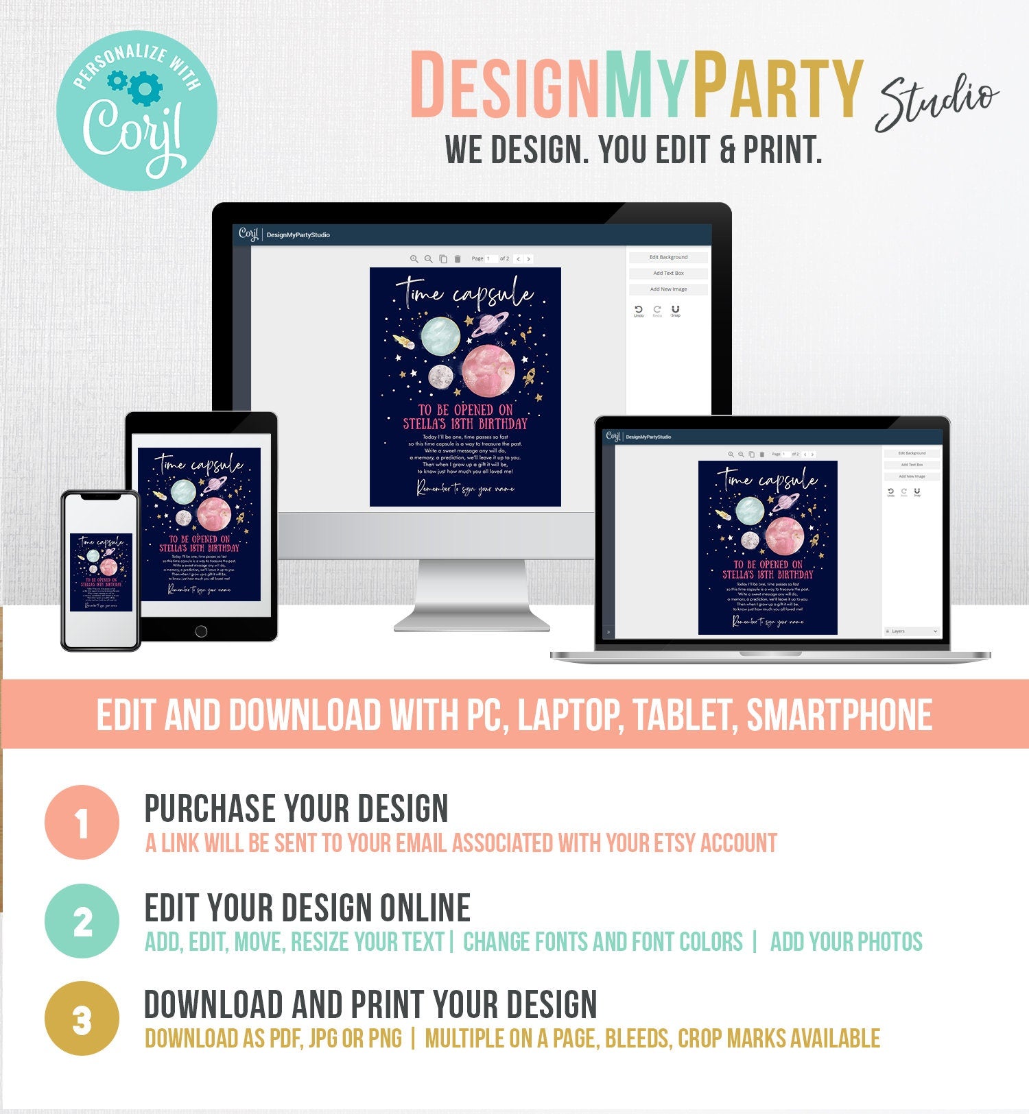 Editable Outer Space Time Capsule First Birthday Party Astronaut Rocket Girl Pink Moon Planets Guestbook Digital Template Printable 0357