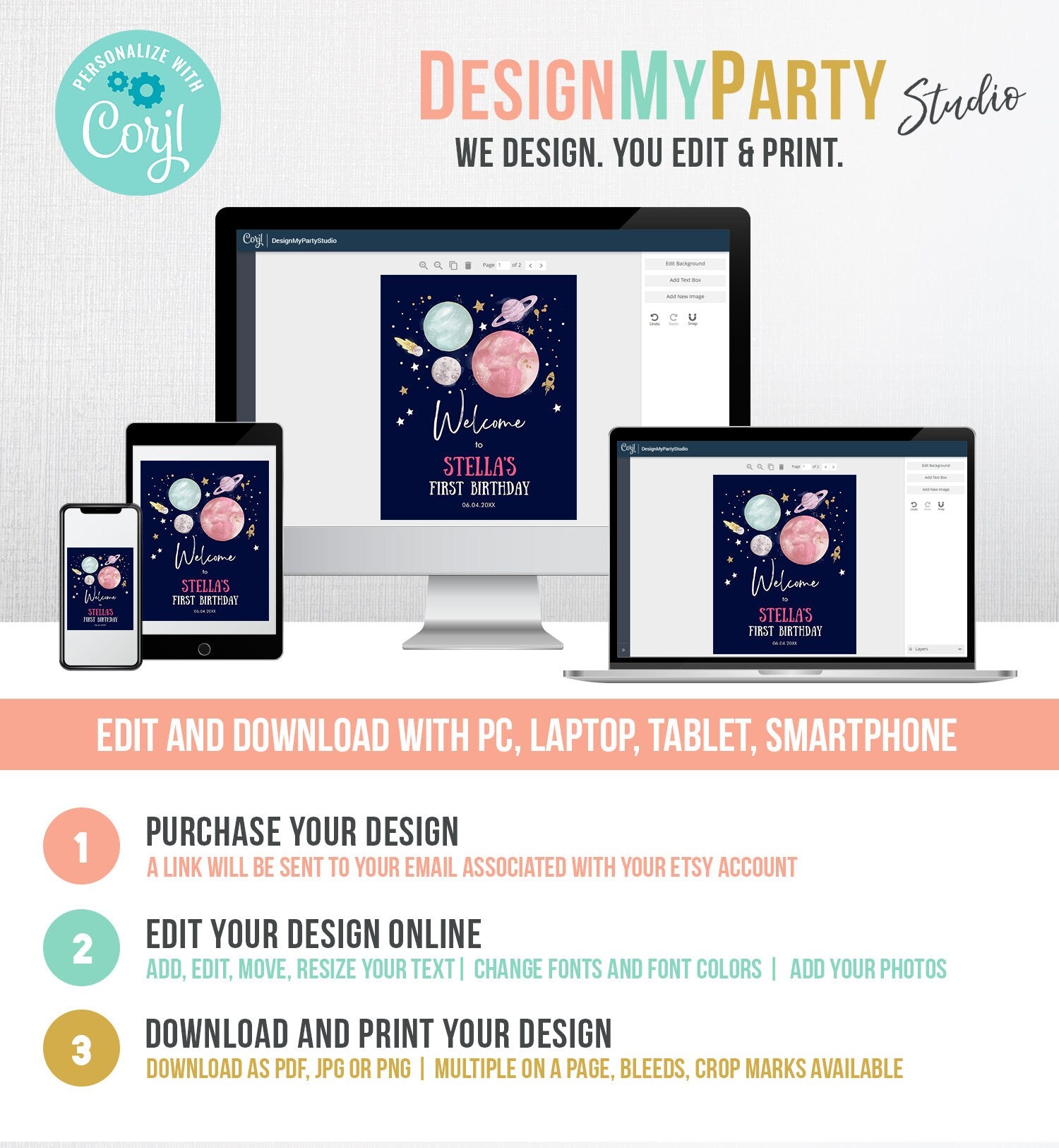 Editable Outer Space Birthday Welcome Sign 1st Birthday Girl Galaxy Planets Trip Around the Sun Astronaut Digital Template Printable 0357