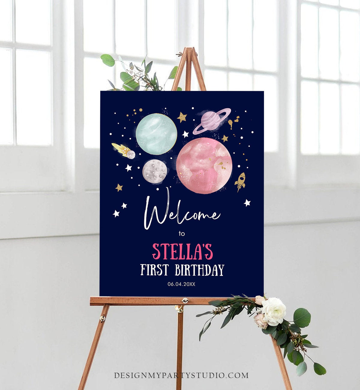 Editable Outer Space Birthday Welcome Sign 1st Birthday Girl Galaxy Planets Trip Around the Sun Astronaut Digital Template Printable 0357